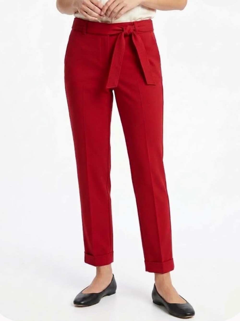 LOFT Red Belted High Rise Rolled Cuff Straight Leg Trousers